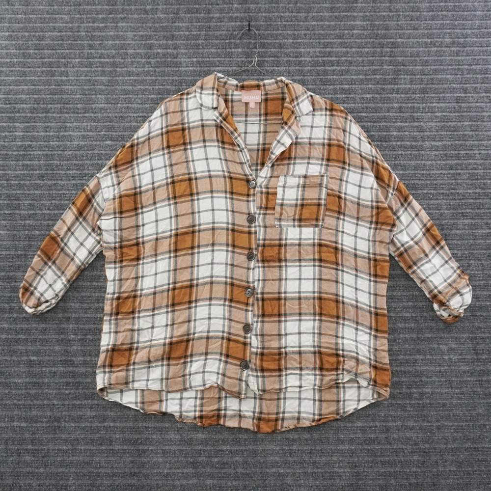 Show Me Your Mumu Button Down Shirt Womens M Brown Plaid Oversized Flannel